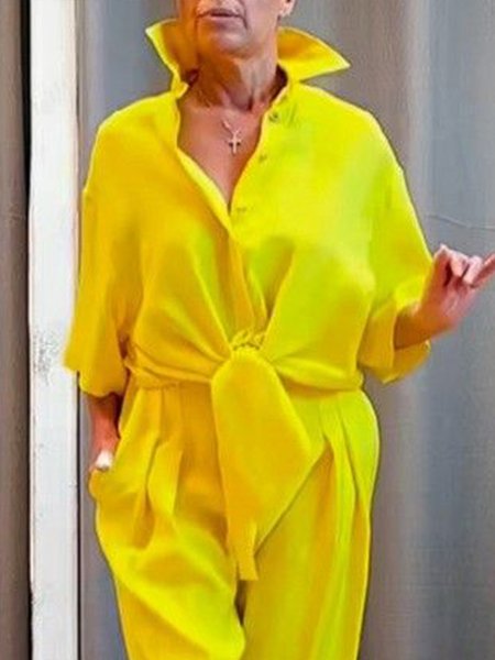 

Casual Plain Shirt Collar Loose Shirt, Yellow, Blouses and Shirts