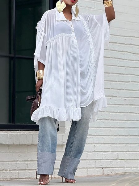 

Casual Plain Pleated Shirt Collar Raglan Sleeves Shirt, White, Blouses and Shirts