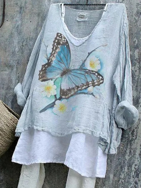 

Vintage Butterfly V Neck Long Sleeve T-shirt, Blue, T-shirts