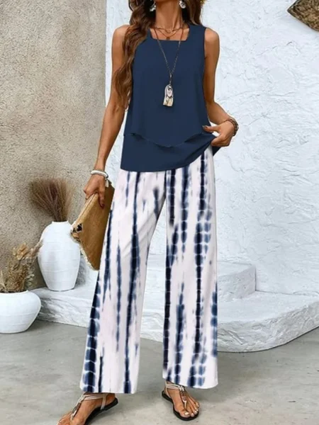 

Women Abstract Graphic Crew Neck Sleeveless Comfy Casual Two-Piece Set, Blue, Sets