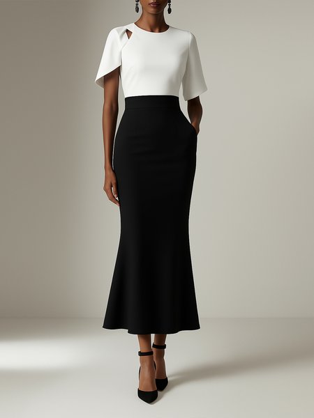 Elegant Color Block Irregular Craftsmanship Midi Dress, As picture, Maxi Dresses