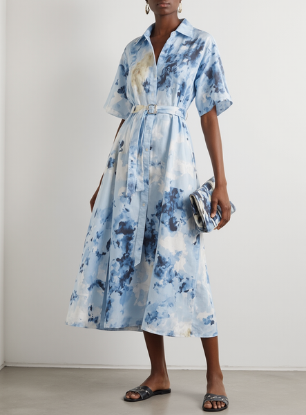 

Vacation Tie-Dye Pattern Shirt Collar Midi Dress Belt, Blue, Midi Dresses