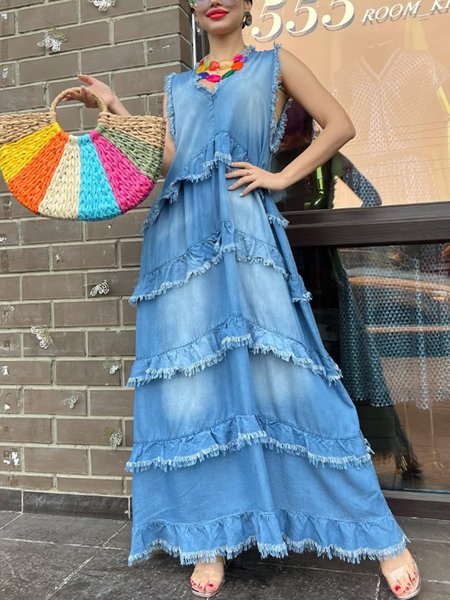

Casual Plain Peplum V Neck Denim Maxi Dress, Denim blue, Maxi Dresses