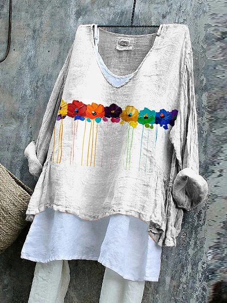 

Vintage Floral V Neck Long Sleeve T-shirt, White, T-shirts