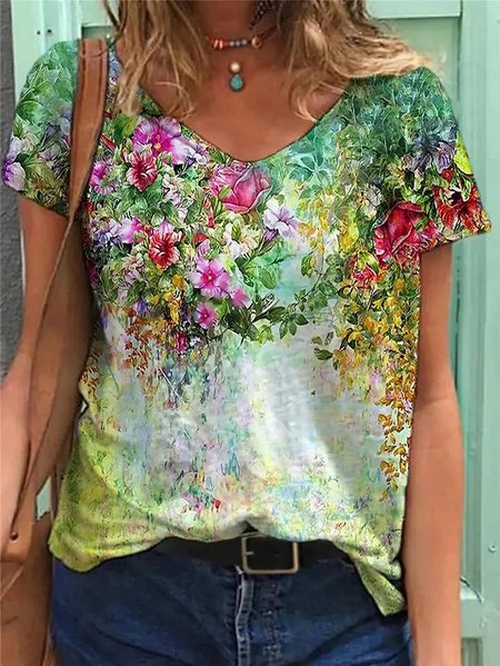 

Casual Floral V Neck Short Sleeve T-shirt, As picture, T-shirts