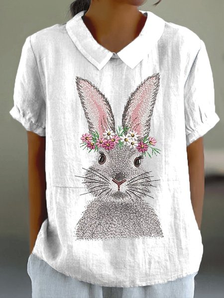 Shawl Collar Half Sleeve Easter (rabbit) Regular Loose Blouse For Women, White, Blouses
