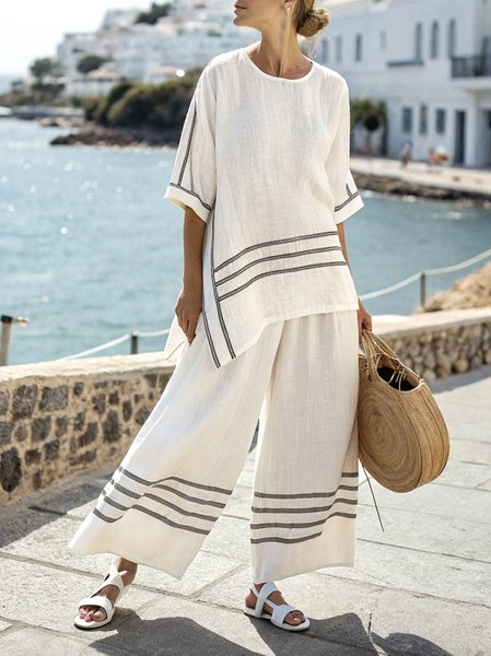 

Crew Neck Cotton Casual Striped Two-Piece Set, White, Suits