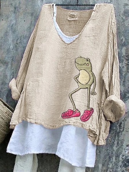 

Vintage Animal V Neck Long Sleeve T-shirt, Apricot, T-shirts