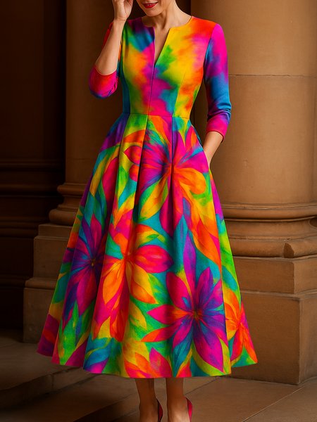 

Elegant Random Print Printing Notched Midi Dress, As picture, Midi Dresses