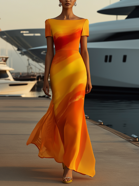 

Elegant Ombre Irregular Craftsmanship Maxi Dress, Orange, Maxi Dresses