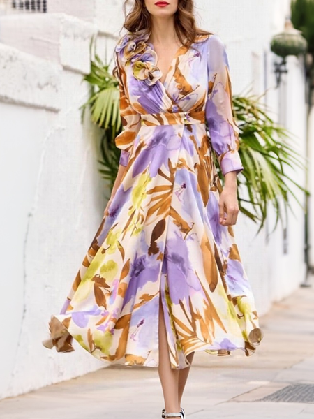 

Vacation Floral Printing V Neck Maxi Dress, As picture, Maxi Dresses