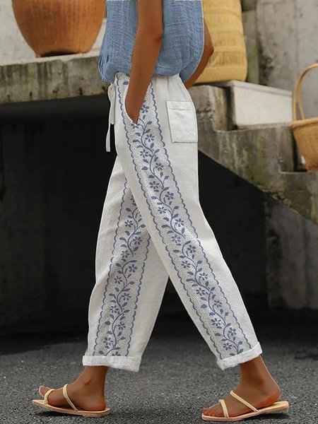 

Casual Ethnic Geometry Long Pant, White, Pants