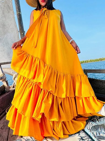 

Vacation Plain Peplum Crew Neck Maxi Dress, Yellow, Maxi Dresses