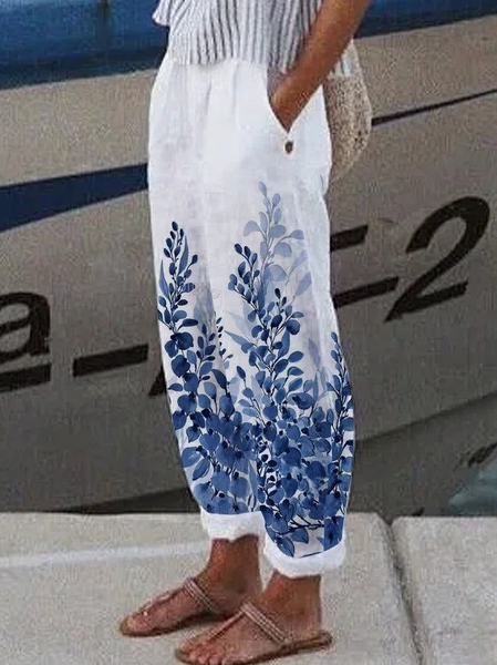 Women Floral Long Pant Casual Spring/Fall Trousers, Blue-white, Pants