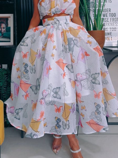

Vacation Printing Butterfly Maxi Skirt, White, Skirts