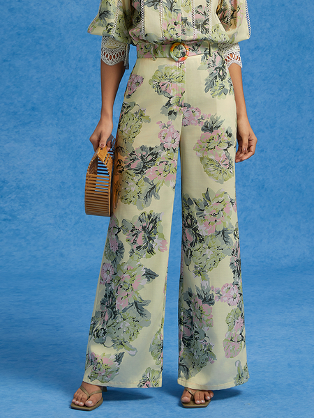 Vacation Floral Wide-Leg Pants With Belt, As picture, Pants
