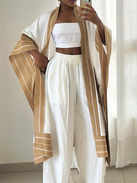 

Urban Raglan Sleeves Printing Striped Kimono, White, Kimonos