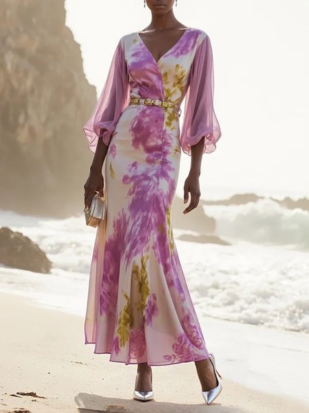 

Vacation Tie-Dye Pattern Printing Shirt Collar Maxi Dress No Belt, Purple, Maxi Dresses