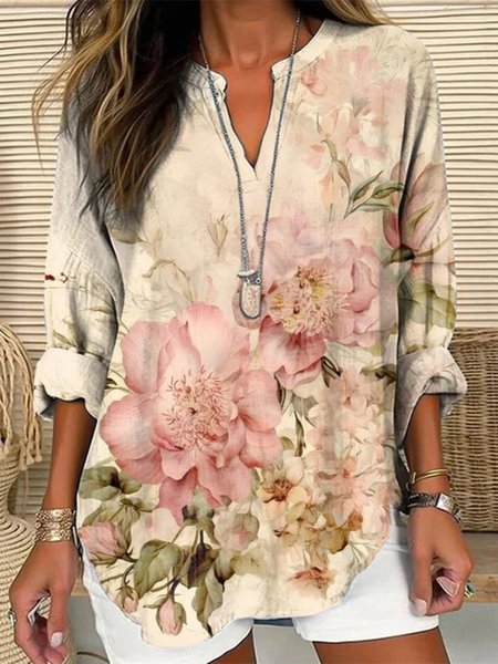 

Casual Floral Art Print Loose Cotton Comfy Blouse For Women, Apricot, Blouses