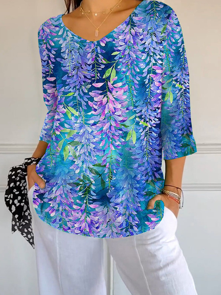 

Women Floral Three Quarter Sleeve Tee T-shirt V Neck Printing Casual Spring/Fall Graphic Tee Top, Blue purple, T-Shirts