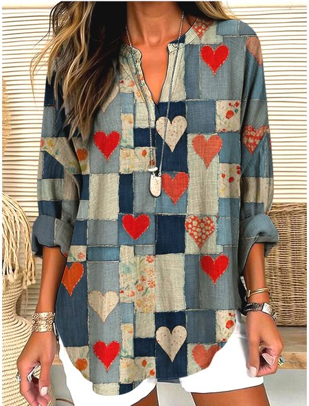 V Neck Long Sleeve Geometric Regular Micro-Elasticity Regular Fit Shirt For Women, Blue, Shirts
