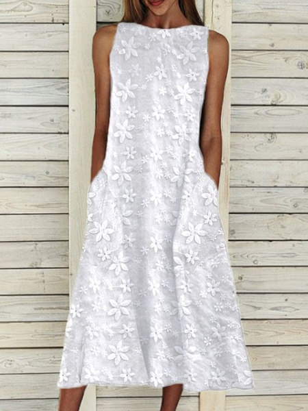

Women Floral Sleeveless Summer Printing Dress Crew Neck Daily Casual Maxi Fit & Flare Dress H-Line Dress, White, Casual Dresses