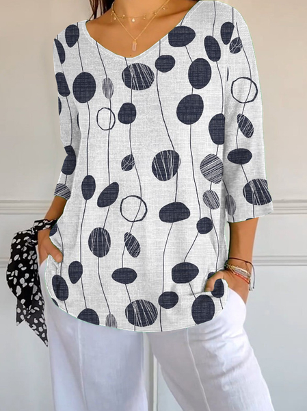 

Women Abstract Polka Dots Three Quarter Sleeve Tee T-shirt V Neck Printing Casual Spring/Fall Graphic Tee Top, White, T-Shirts