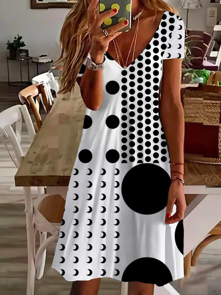 

Women Polka Dots Short Sleeve Summer Printing Dress V Neck Daily Casual Midi Fit & Flare Dress A-Line Dress, White, Casual Dresses