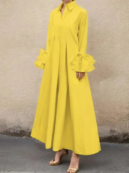 

Urban Plain Ruffle Sleeve Shirt Collar Maxi Dress, Yellow, Maxi Dresses