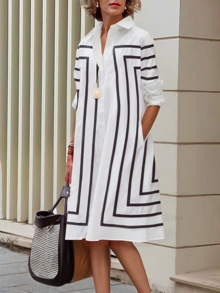 Casual Geometric Printing Shirt Collar Knee Length Dress, Black-white, Mini Dresses