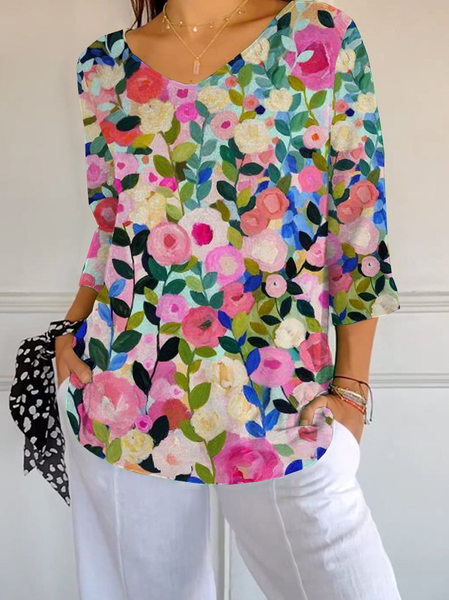 

Women Floral Three Quarter Sleeve Tee T-shirt V Neck Printing Casual Spring/Fall Graphic Tee Top, As picture, T-Shirts