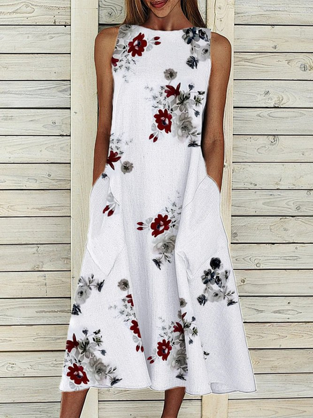 

Women Floral Sleeveless Summer Printing Dress Crew Neck Daily Casual Maxi Fit & Flare Dress H-Line Dress, White, Casual Dresses