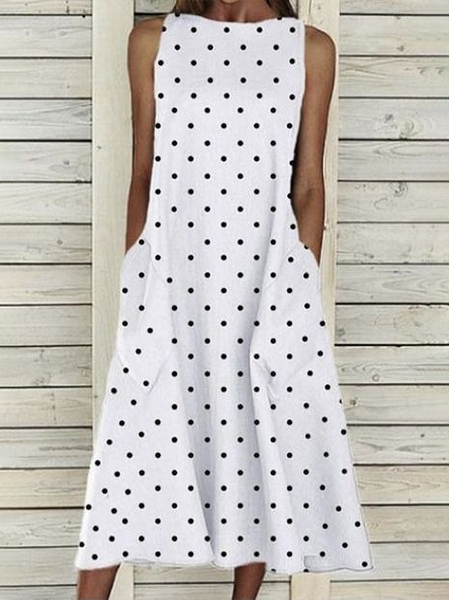 

Women Polka Dots Sleeveless Summer Printing Dress Crew Neck Daily Casual Maxi Fit & Flare Dress H-Line Dress, White, Casual Dresses