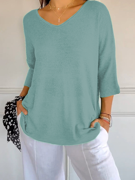 

Women Plain Three Quarter Sleeve Tee T-shirt V Neck Printing Casual Spring/Fall Top, Aqua, T-Shirts