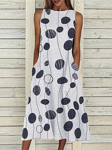 

Women Abstract Polka Dots Sleeveless Summer Printing Dress Crew Neck Daily Casual Maxi Fit & Flare Dress H-Line Dress, White, Casual Dresses