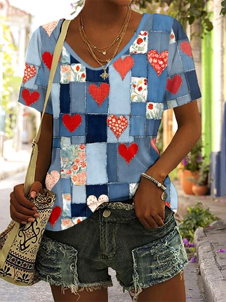 

Casual Floral V Neck Short Sleeve T-shirt, Blue, T-shirts