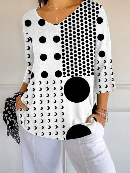 

Women Polka Dots Three Quarter Sleeve Tee T-shirt V Neck Printing Casual Spring/Fall Graphic Tee Top, White, T-Shirts