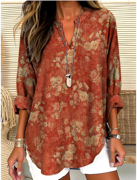 V Neck Long Sleeve Geometric Regular Micro-Elasticity Regular Fit Shirt For Women, Red, Shirts