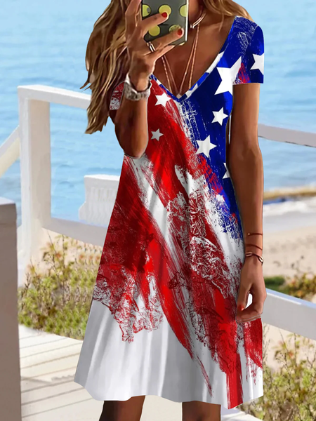 

Women America Flag Short Sleeve Summer Printing Dress V Neck Daily Casual Midi Fit & Flare Dress A-Line Dress, Red-blue, Casual Dresses