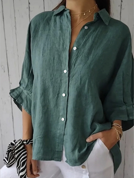 Women Plain Three Quarter Sleeve Shirt Spring/Fall Shirt Collar Daily Casual Top, Green, Shirts