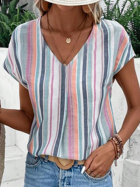 

Women Striped Short Sleeve Tee T-shirt V Neck Printing Casual Summer Top, As picture, T-Shirts