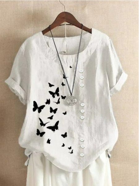 

Crew Neck Half Sleeve Butterfly Regular Regular Fit Blouse For Women, White, Blouses
