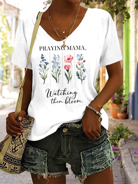 

Casual Floral V Neck Short Sleeve T-shirt, White, T-shirts