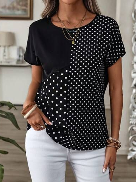 

Women Polka Dots Short Sleeve Tee T-shirt Crew Neck Printing Casual Summer Graphic Tee Top, Black, T-Shirts