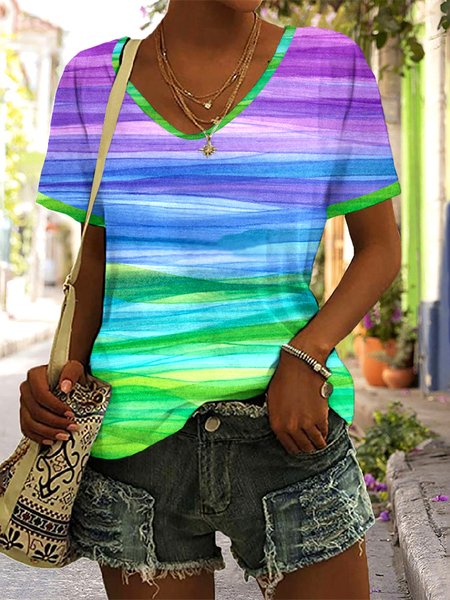 

Casual Floral V Neck Short Sleeve T-shirt, Light purple, T-shirts