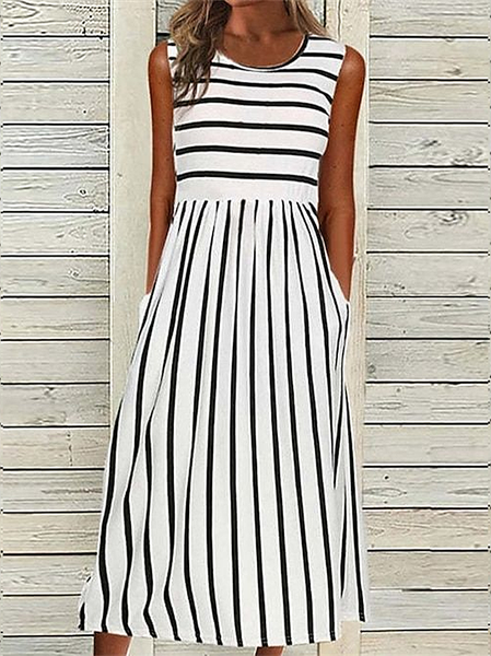 

Women Striped Sleeveless Summer Printing Dress Crew Neck Daily Casual Maxi Fit & Flare Dress H-Line Dress, White, Casual Dresses