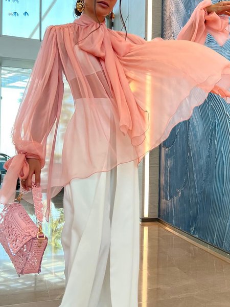 

Urban Plain Gathered Stand Collar Blouse, Pink, Blouses and Shirts