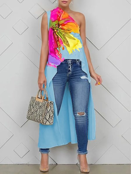 Jersey Casual Random Print Printing Asymmetrical Tank Top, Blue, Tanks and Camis
