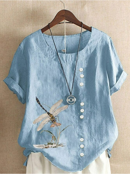 Crew Neck Half Sleeve Animal Regular Regular Fit Blouse For Women, Blue, Blouses