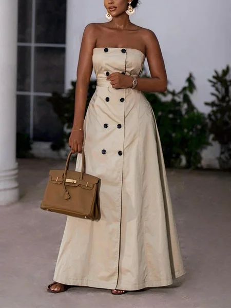 

Urban Plain Buttoned Strapless Maxi Dress, Camel, Maxi Dresses